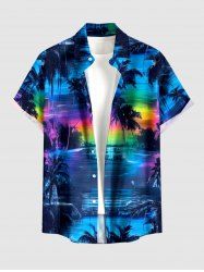 Coconut Tree Seascape Ombre Colorful Sky Print Buttons Pocket Hawaii Shirt For Men - Bleu profond 4XL