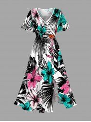 Hibiscus Flower Tropical Leaf Print Split Hawaii Midi Dress -  