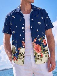 Chemise hawaïenne à boutons et poche pour homme, imprimé crânes, fleurs et feuilles - Bleu profond 3XL