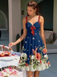 Robe trapèze Hawaii halter à brides croisées avec imprimé crânes, fleurs et feuilles - Bleu profond S