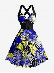 Robe débardeur Hawaï à imprimé fleur d'hibiscus et feuilles tropicales, avec bretelles croisées et nœud -  XS