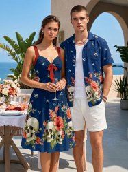 Ensemble assorti pour couples – Tenue de plage hawaïenne à imprimé crânes, fleurs et feuilles - Bleu profond 