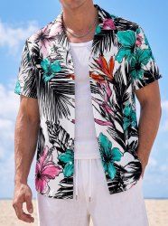 Hibiscus Flower Tropical Leaf Print Buttons Pocket Hawaii Shirt For Men - Turquoise Foncée 4XL
