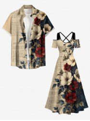 Flower Leaf Branch Newspaper Print Matching Hawaii Beach Outfit For Couples -  