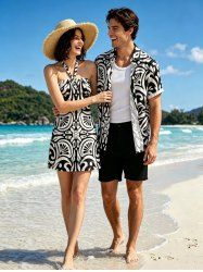 Tenue de plage hawaïenne assortie pour couples avec imprimé graphique ethnique floral - Noir 