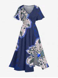 Robe midi A-line à imprimé fleuri Hawaii avec poches fendues - Bleu profond XXS
