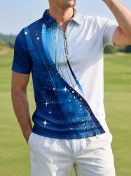 Curve Ombre Stars Print Hawaii Zipper Polo Shirt For Men -  