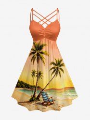 Robe Hawaii à motif Cocotier, Paysage Marin et Chaise, imprimé ombré, froncé, bretelles entrecroisées en treillis - orange clair 1X