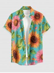 Sunflower Leaf Print Hawaii Button Pocket Shirt For Men -  