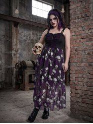 Plus Size Gothic Rose Flower Skulls Print Ruched Ruffles Chain Panel Lace Trim Tank Dress -  