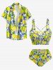 Lemon Leaf Rope Print Lace Up Panel Tankini Swimsuit -  