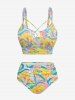 Coconut Tree Sea Waves Bird Print Hawaii Lace Up Tankini Swimsuit (Adjustable Shoulder Strap) - Jaune L