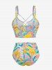 Coconut Tree Sea Waves Bird Print Hawaii Lace Up Tankini Swimsuit (Adjustable Shoulder Strap) - Jaune L