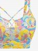 Coconut Tree Sea Waves Bird Print Hawaii Lace Up Tankini Swimsuit (Adjustable Shoulder Strap) - Jaune L
