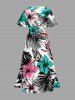 Hibiscus Flower Tropical Leaf Print Split Hawaii Midi Dress -  