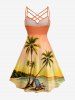 Robe Hawaii à motif Cocotier, Paysage Marin et Chaise, imprimé ombré, froncé, bretelles entrecroisées en treillis - orange clair 1X