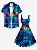 Robe débardeur Hawaï imprimé cocotier, paysage marin et ciel ombré coloré - Bleu profond 1X