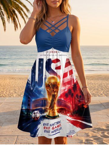 Patriotic American Flag Letters Trophy Print Ruched Crisscross Strappy A Line Dress - DEEP BLUE - 6X