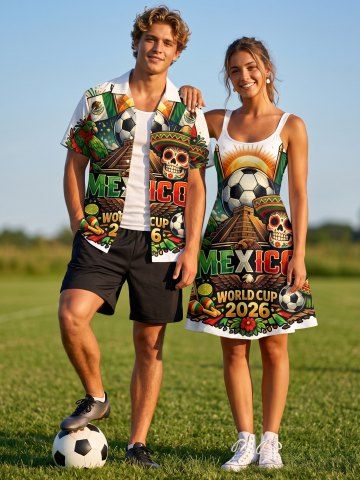 Football Skull Flag Sun Eagle Print Matching Hawaii Beach Outfit For Couples - BROWN