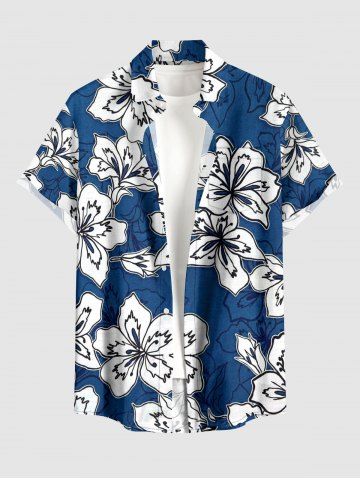 Hibiscus Flowers Print Buttons Pocket Hawaii Shirt For Men - BLUE - 4XL