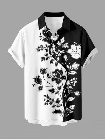 Flower Leaf Colorblock Print Buttons Pocket Hawaii Shirt For Men - BLACK - 3XL
