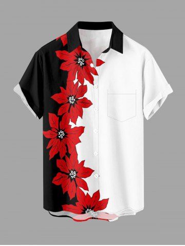 Flowers Leaf Colorblock Print Buttons Pocket Hawaii Shirt For Men - RED - M