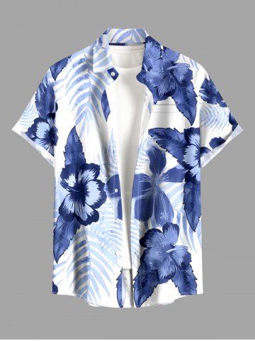 Tropical Leaf Hibiscus Flower Print Hawaii Button Pocket Shirt For Men - BLUE - S