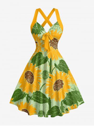 Sunflowers Leaf Print Crisscross Straps Bowknot Hawaii Tank Dress - GREEN - XXL