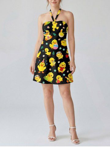 Robe trapèze halter Hawaii à imprimé mignon de canard et fleurs - YELLOW - XXXL