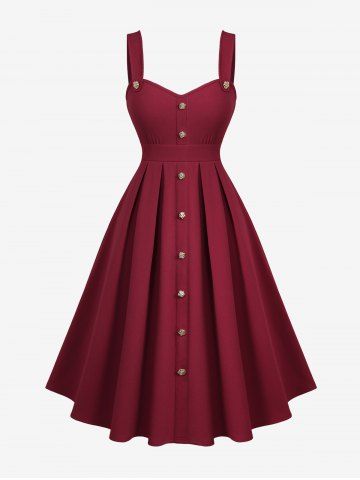 Robe trapèze plissée texturée à boutons unis, grande taille - RED WINE - 3X | US 22-24