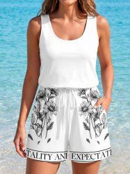 Daisy Flower Leaf Print Cinched Hawaii Romper -  