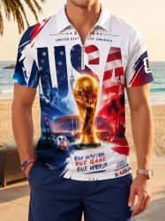 Polo zippé pour homme - Imprimé patriotique drapeau américain et lettres Trophy - Bleu profond XL