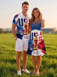 Patriotic American Flag Letters Trophy Print Matching Outfit For Couples -  