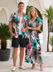 Hibiscus Flower Tropical Leaf Print Matching Hawaii Beach Outfit For Couples -  
