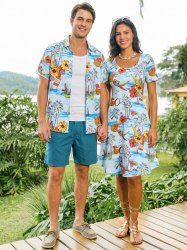 Coconut Tree Pineapple Hibiscus Flower Sea Sailboat Print Matching Hawaii Beach Outfit For Couples -  