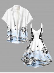 Tenue de plage hawaïenne assortie à imprimé cocotier et oiseaux de mer pour couples - Bleu clair 