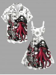 Octopus Pirate Skeleton Anchor Ship Cruise Print Matching Hawaii Beach Outfit For Couples -  