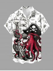 Octopus Pirate Skeleton Anchor Ship Cruise Print Buttons Pocket Hawaii Shirt For Men -  