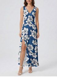 Robe portefeuille à imprimé fleurs d'hibiscus Hawaï avec volants et fente - Bleu XS