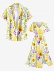 Tenue de plage hawaïenne assortie pour couples - Imprimé fleurs et feuilles - Jaune 