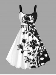 Flower Leaf Colorblock Print Hawaii Tank Dress(Adjustable Shoulder Strap) -  