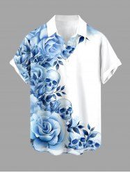 Skull Flowers Leaf Print Buttons Pocket Hawaii Shirt For Men - Bleu clair XL