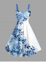 Skull Flowers Leaf Print Hawaii Tank Dress(Adjustable Shoulder Strap) -  