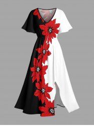 Flowers Leaf Colorblock Print Split Hawaii Midi Dress -  