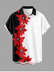 Flowers Leaf Colorblock Print Buttons Pocket Hawaii Shirt For Men - Rouge XL