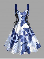 Robe trapèze à lacets Hawaii imprimé feuilles tropicales et fleurs d'hibiscus - Bleu 6X