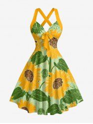 Sunflowers Leaf Print Crisscross Straps Bowknot Hawaii Tank Dress - Vert L