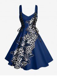 Leopard Flower Print Hawaii Lace Up A Line Dress -  