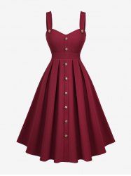 Robe trapèze plissée texturée à boutons unis, grande taille - Rouge Vineux 3X | US 22-24