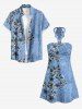 Tenue de plage hawaïenne assortie pour couple avec imprimé fleur d'hibiscus, feuilles et branches - Bleu Ciel 
